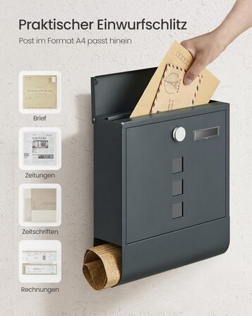 Поштова скринька SONGMICS з замком, оглядовим вікном та відділенням для газет, антрацит, 33.8x30.8x10 см