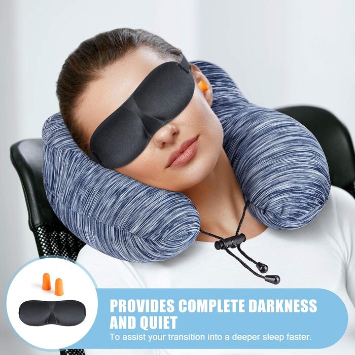 Подушка для шиї у подорожах: надувна, для автомобіля та літака, з маскою для сну, блакитна