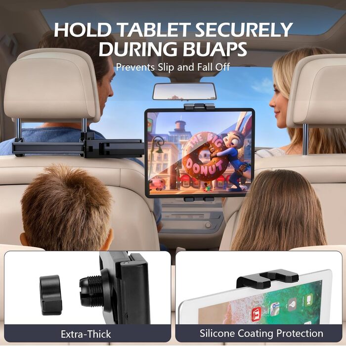 Тримач для планшета Romon у автомобіль, кріплення до підголівника, універсальний, 360° обертання, для смартфонів та планшетів 4.7-13'