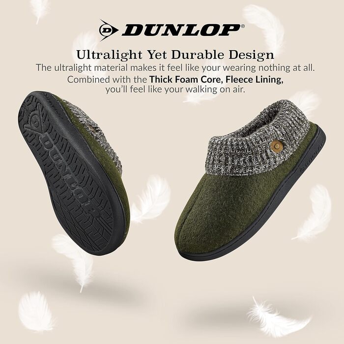 Чоловічі халапи DUNLOP з флісовою підкладкою Sherpa та піною Memory Foam, неслизькі тапочки для дому, 42 EU, хакі