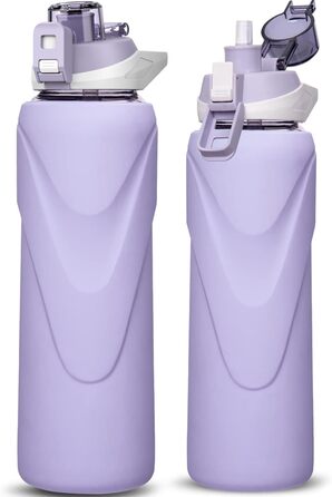 1 liter / 1l Drinking Bottle Glass with Straw BPA Free Glass Bottle with Silicone Sleeve Borosilicate Glass Water Bottle (Light Purple)