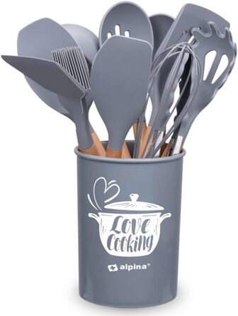 Набір кухонних аксесуарів Alpina 7 предметів з поворотним підставкою – кухонні інструменти, силіконовий набір посуду для кухні (сірий)