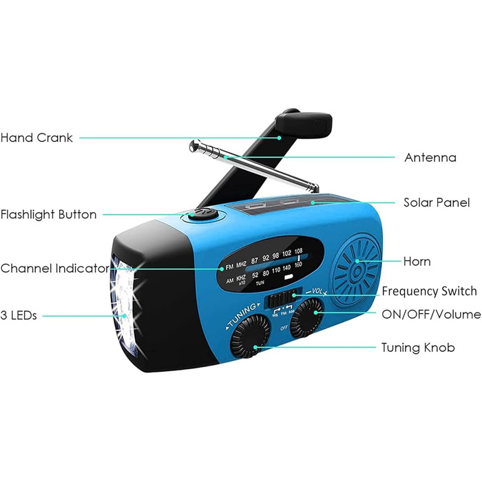 Радіоприймач сонячний Solar-Radio 2000mAh з ручним заводом, AM/FM, SOS-сигналом, LED-ліхтарем та USB-зарядкою, водонепроникний для кемпінгу, туризму та надзвичайних ситуацій (синій)
