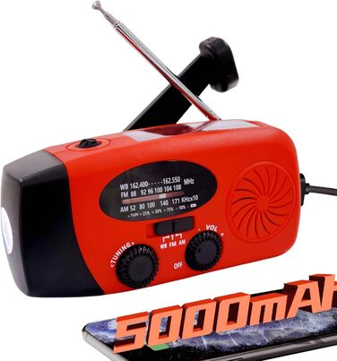 Радіо NOAA iRonsnow 5000 mAh для надзвичайних ситуацій: FM/AM, ручний привід, сонячне, з SOS, LED-ліхтарик, зарядка для телефону, кемпінг, виживання (чорний)
