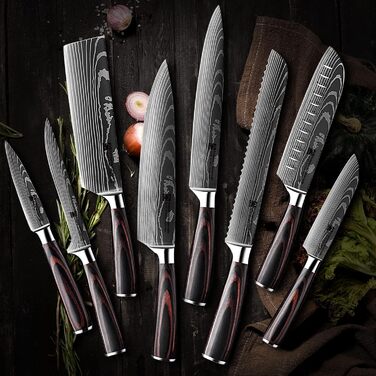 Набір професійних кухонних ножів | Шеф-ніж, Сантоку, хлібний ніж та інші | Нержавіюча сталь з лазерним візерунком, ручки з пакавуду | Подарунковий набір