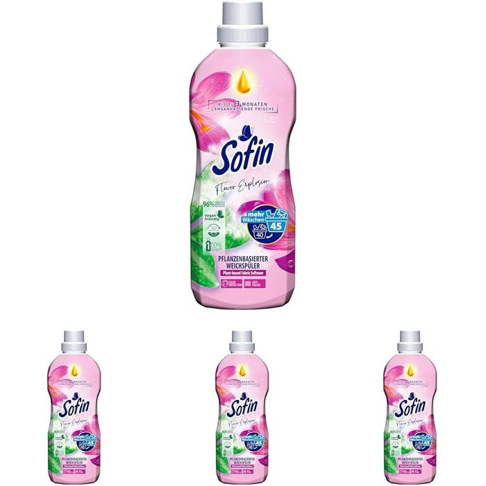 Набір кондиціонера для білизни Sofin Vegan Flower Explosion, 810 мл, 10 шт (45 прань), з ефектом проти котунів, без мікропластику