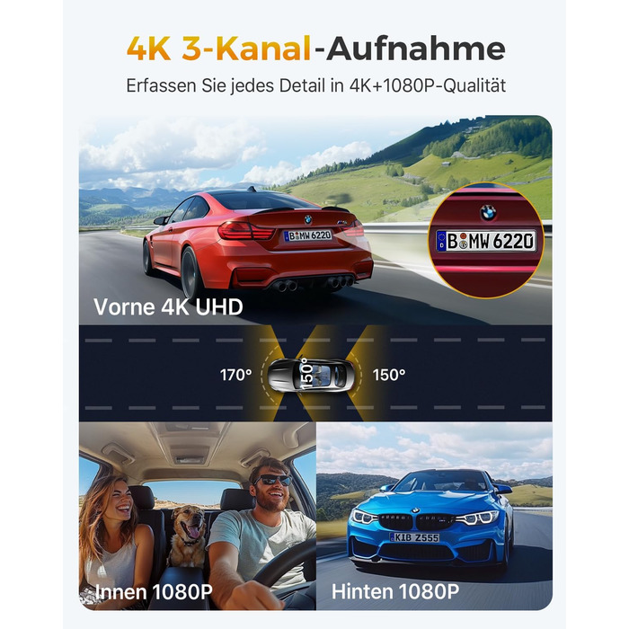 Відеореєстратор GKU 3-камерний, 4K+1080P+1080P, GPS, WiFi, IPS-дисплей 3