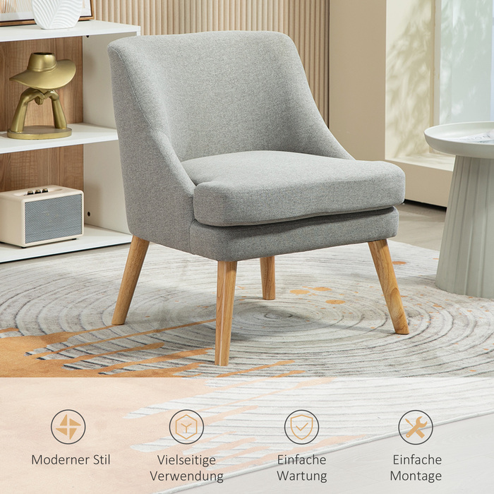 HOMCOM Armchair Lounge Chair with Linen Look, Armrests, Padded Recliner with Wooden Legs, for Living Room, Bedroom, Light Grey | Aosom