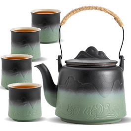 ZENS Design Japanese Teapot, 1000ml Gradient Embossed Japanese Teapot Ceramic with Built-in Strainer and Hemp Rope Handle for Loose Tea Steeper, Gift for Tea Lovers, Black & Bean Green (Black & Bean Green, 1000ml Teapot & 4 of 200ml Cups)