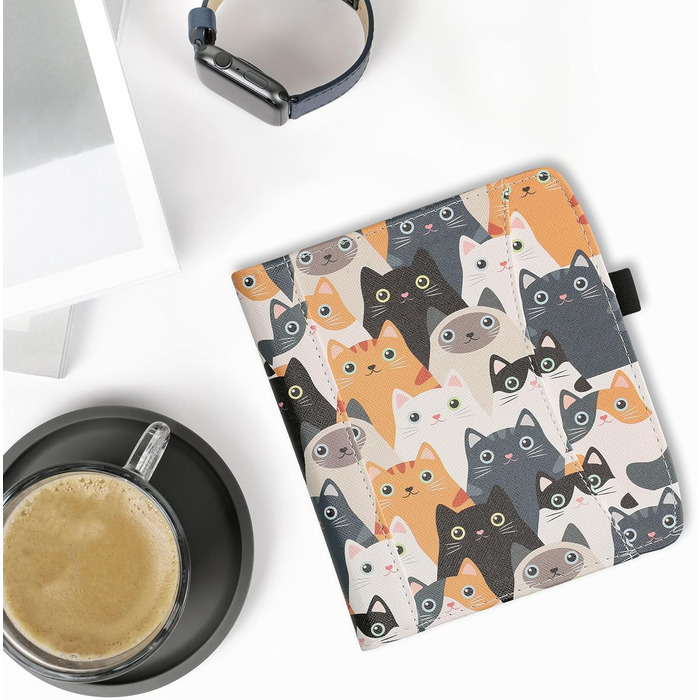 Чохол-книжка kwmobile для Pocketbook Era/Era Color з кишенею та лямкою - з зображенням жінки, що читає, чорно-бежевий (коти)