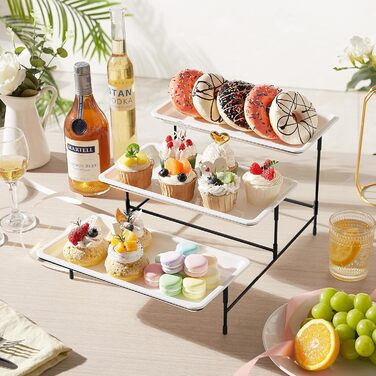 Lifewit 3-Tier Etagere with 30 x 17 cm Plastic Serving Plates, 3-Level Serving Tray Serving Platter with Folding Black Metal Shelf, Buffet Party Accessories for Vegetables/Fruit/Cookies/Cake