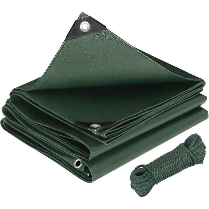 280g/m² Cover Sheet / Fabric Sheet made of PE [without recycled materials], waterproof and reinforced protective sheet for garden furniture, pool, car, trampoline, with 16m rope for fastening (4x8m, Green)