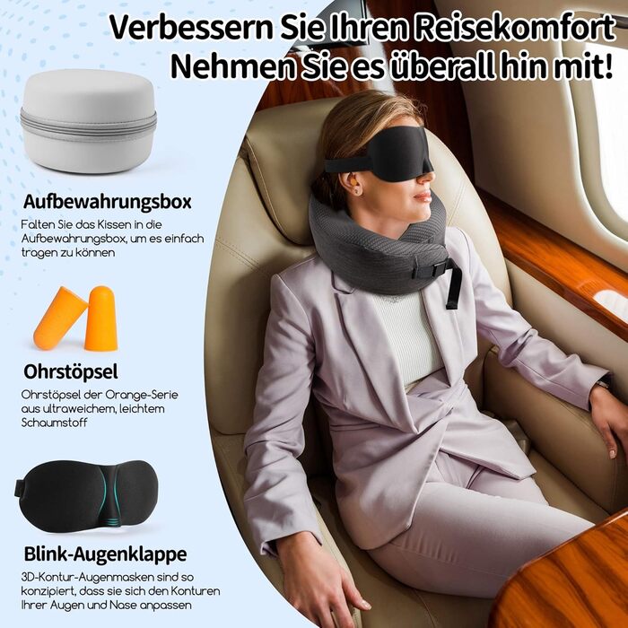 Подушка для шиї у літак, подорожі: Memory Foam, регульована, компактна, з чохлом, навушники, маска для сну (темно-сірий)