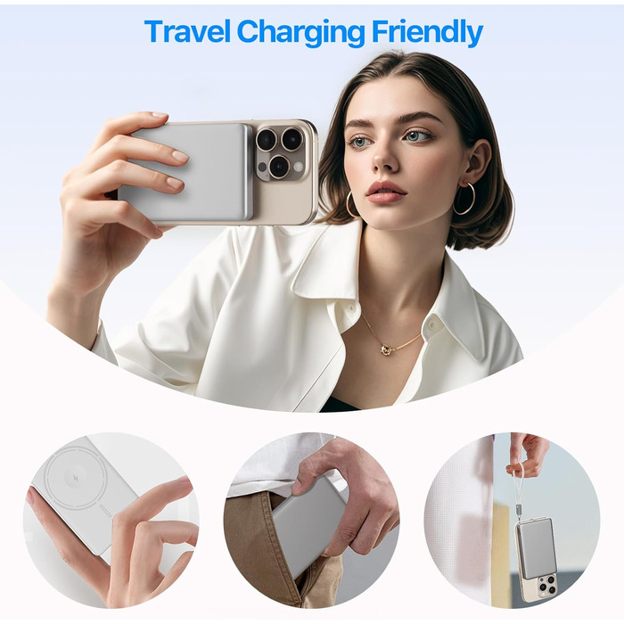 Power Bank JUOVI Магнітний Бездротовий 5000mAh 20W PD, Білий. Сумісний з MagSafe, iPhone 16/15, iWatch, AirPods.