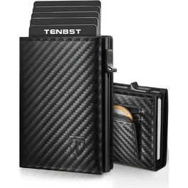 Чоловічий гаманець TENBST - картхолдер ультратонкий з RFID захистом, 10 відділень для карток, вікно для ID, преміум карбон, чорний