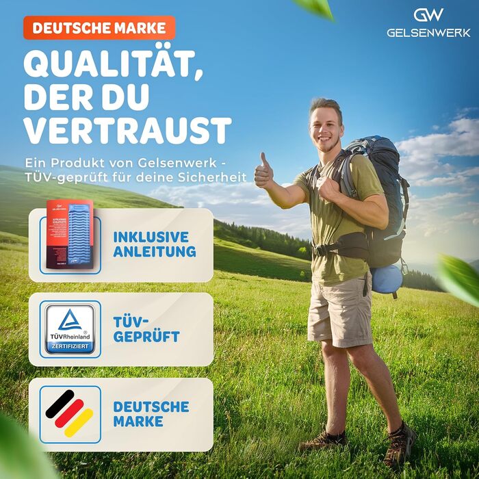 GELSENWERK Self-Inflating Sleeping Pad with Foot Pump - Ultralight Camping Air Mattress with Pillow for Travel, Hiking & Tent Use