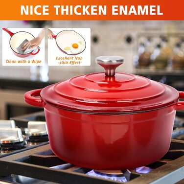 Набір чавунної емальованої посуду Denmay 7 предметів: голландська піч, сковорода, каструля для тушкування, соусник, 3 кришки, червоний. Підходить для всіх типів плит.