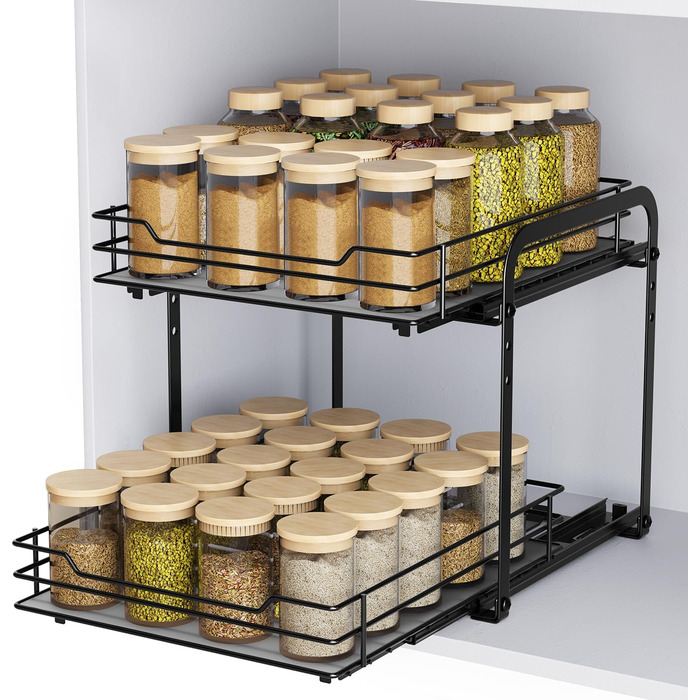 AIRUJIA Pull-Out Spice Rack, 2-Tier Dish Cabinet Organizer, Spice Rack Cabinet, Spice Rack, Lift-Up Bathroom Sink Shelf, Spice Organizer for Kitchen, L26.4*W23.2*H23CM