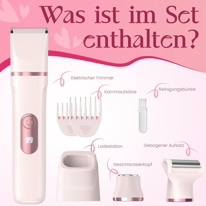 Електричний жіночий триммер 3-в-1 для тіла та інтимної зони з LED-дисплеєм, рожевий. Вологостійкий IPX7, USB-зарядка