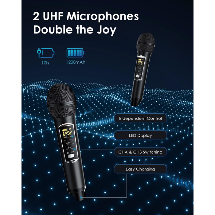 Караоке система All-in-One з Bluetooth, 2 мікрофонами та акустикою 30W, PA система для вечірок (Чорний)
