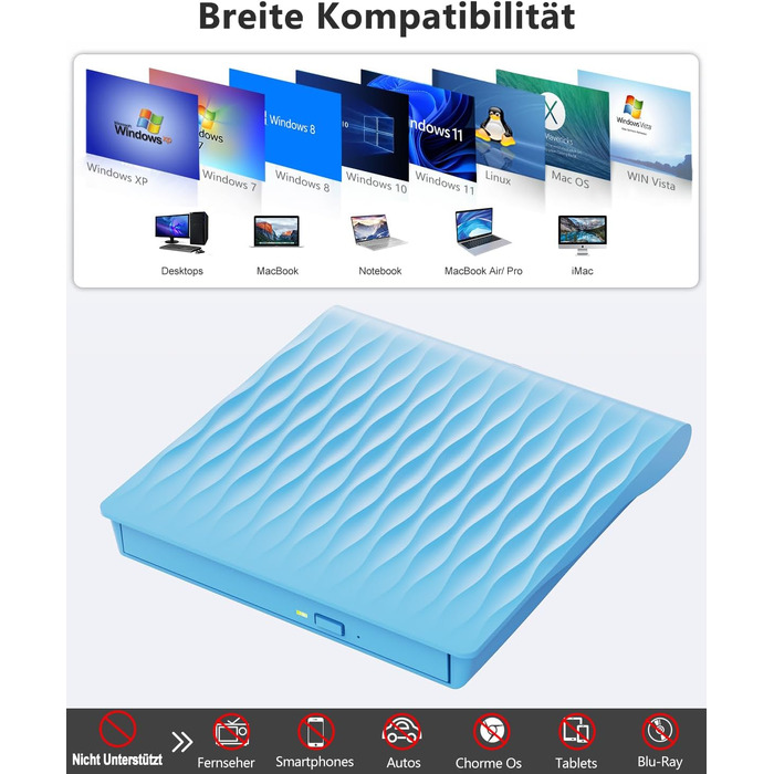 Зовнішній DVD CD привід DANGZW USB 3.0 Type-C, портативний DVD-брунер та плеєр для ноутбука та ПК (Windows, MacOS, Linux), синій
