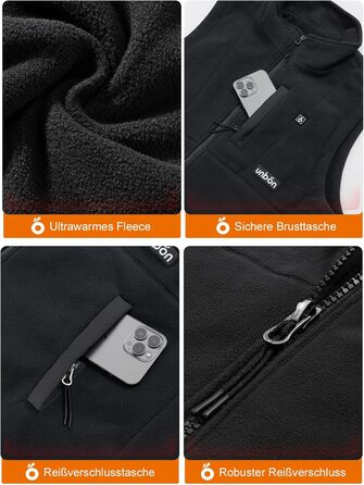 UNBON Грівальна жилетка для чоловіків, флісова жилетка з підігрівом, Powerbank 10000mAh, USB, 3 режими нагріву, 6 зон нагріву, чорний