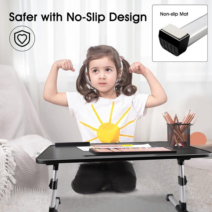 Столик для ноутбука в ліжко, регульований, складний, з ящиком, підставка для планшета (60 x 34 см, чорний)