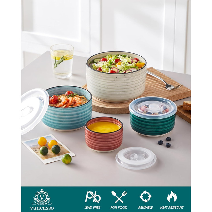 Набір керамічних супових та сервірувальних тарілок Vancasso Bonbon з кришкою (4 шт.) - для обіду, пікніка, кухні