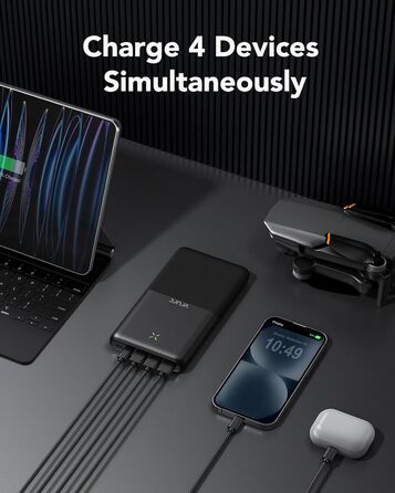 Power Bank VRURC 30000mAh 22.5W з 4 виходами та 3 входами: зарядний пристрій для iPhone, Huawei, планшетів (чорний)