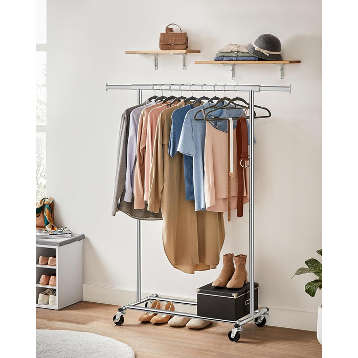 SONGMICS Clothes Rack on Wheels, Heavy-Duty Garment Rack, Extendable Clothes Rod, Load Capacity up to 100 kg, Easy Assembly, Portable, Silver HSR13S