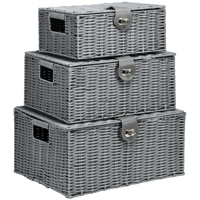HOMCOM Storage Boxes 3-Piece Set with Lid & Buckles 18L 12L 7L for Living Room Gray