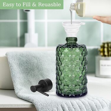 Скляний дозатор для мила 500 мл з хвильовим дизайном для ванної кімнати та кухні, з чорною пластиковою помпою, дерев'яними етикетками та воронкою (вугільний колір, зелений)