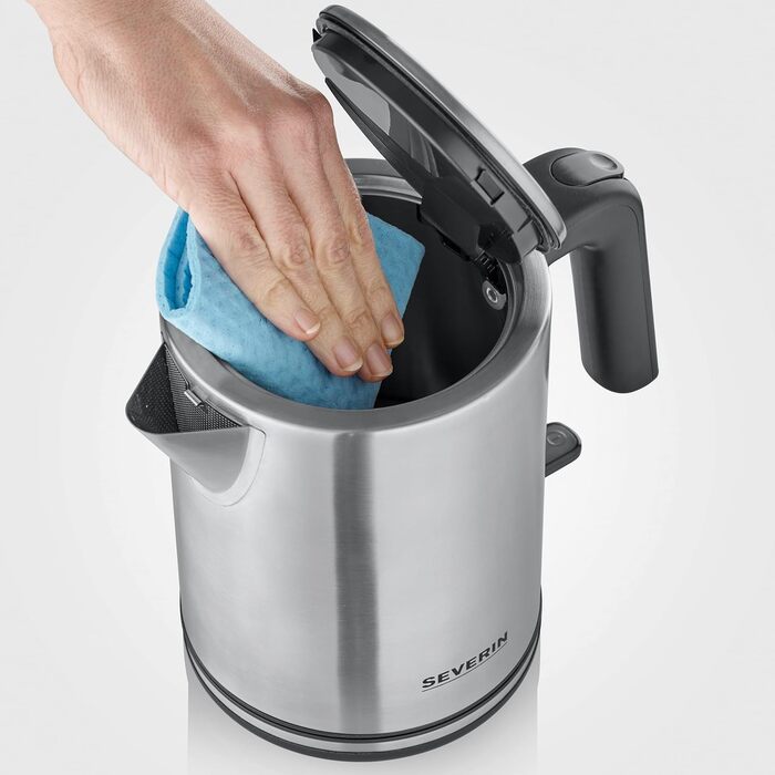 Електричний чайник SEVERIN 1 л з індикатором рівня води, фільтром від накипу, великим соплам, потужністю 2400 Вт, срільно-чорний колір, нержавіюча сталь, WK 3489