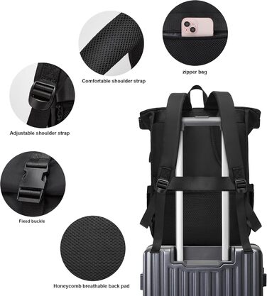 Чорний водонепроникний рюкзак YTL Rolltop з відділенням для ноутбука 17 дюймів. Ідеальний для подорожей, школи, університету та велоспорту.