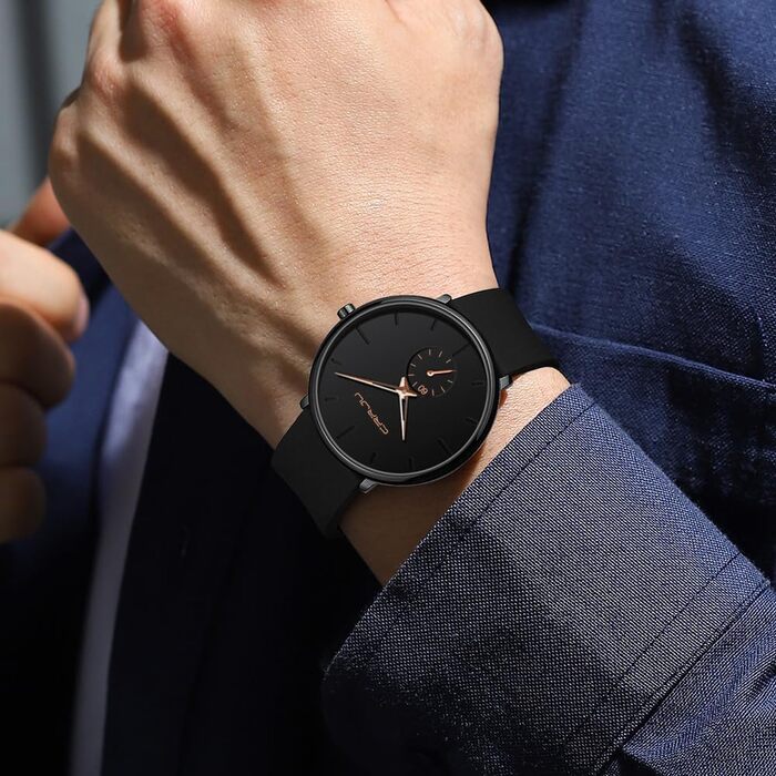 Годинник чоловічий CRRJU з силіконовим ремінцем, ультратонкий, водостійкий, мінімалістичний, спортивний, кварцовий (чорний рожевий, чорний)