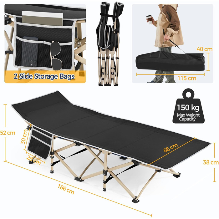 Ліжко гостьове Yaheetech складане, кемпінгове, з бічною кишенею та сумкою для транспортування, до 150 кг (Чорне)