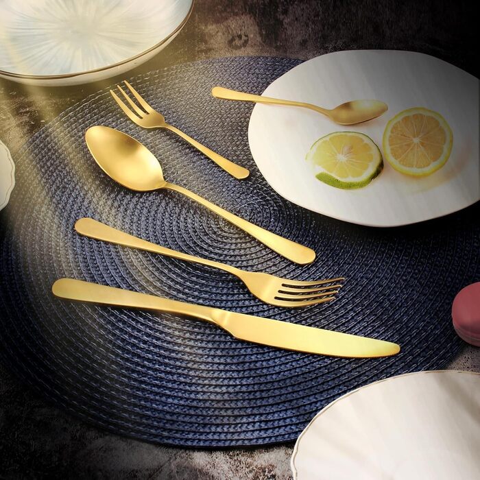 Cutlery Set for 6 People, 30-Piece Golden Titanium Gold Cutlery Set including Knife, Fork, Spoon, Stainless Steel Golden Cutlery Set, Dishwasher Safe (Matte Gold)