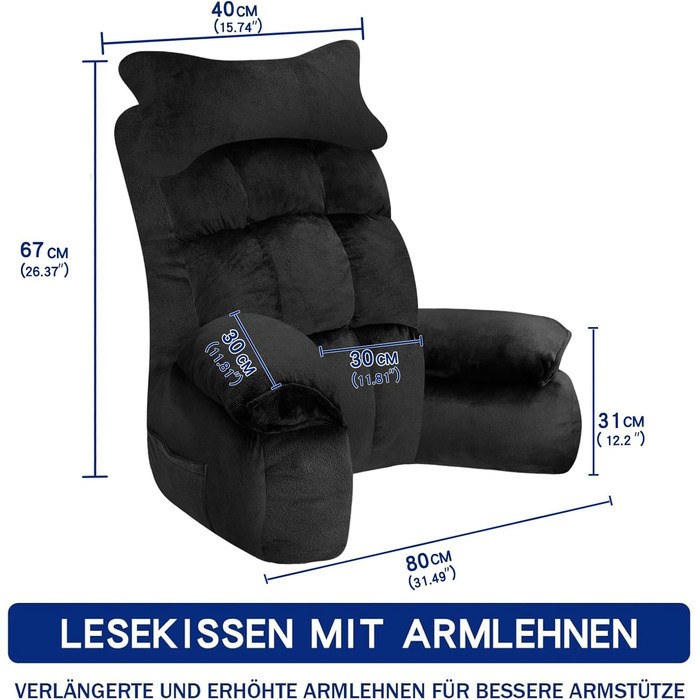 Підлогове крісло-подушка для читання, 65x30 см, чорний колір