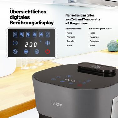 Аерофритюрниця Lauben Glass&Steam 4500BG з пароваркою, скляний кошик, 8 програм, ручне регулювання часу і температури, об'єм 4,5 л, мийка в посудомийній машині