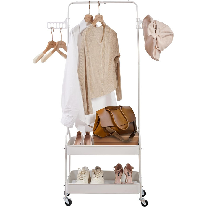 Metal Clothes Rack with 2 Shelves and Clothes Rail on Wheels - Wardrobe Stand for Bedroom, Living Room, Hallway, Home, and Office - White