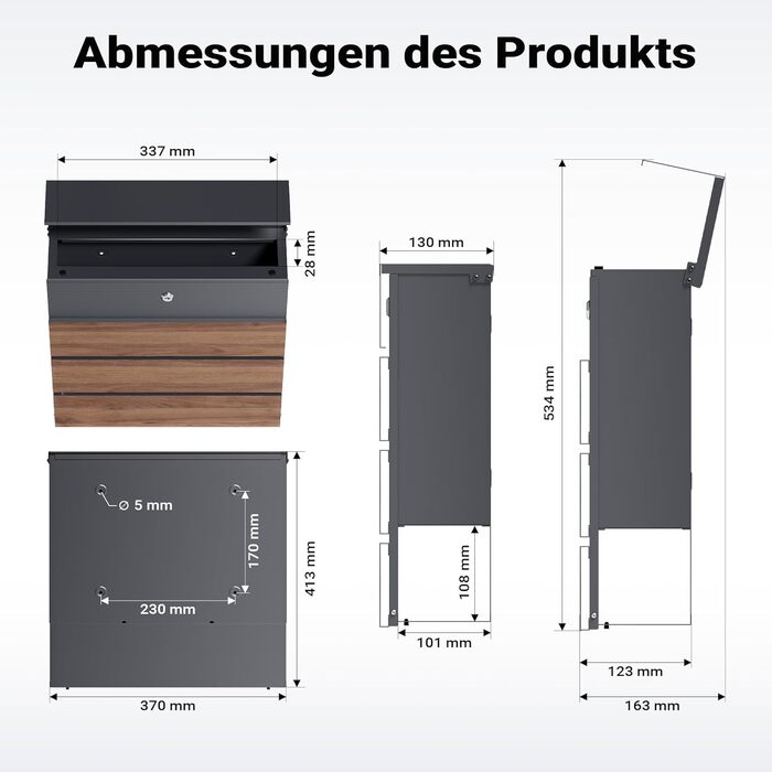 Поштова скринька настінна V63 Anthrazit з дерев'яним декором, сталь, з замком та м'якою кришкою, 410x130x370 мм