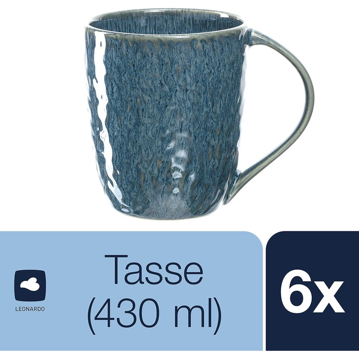 Набір керамічних чашок Leonardo Matera 6 шт., сірі, 430 мл, для кави та чаю, стійкі до миття в посудомийній машині, мікрохвильової печі