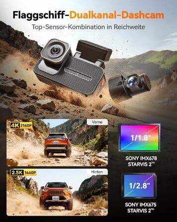 Автомобільний відеореєстратор WOLFBOX X5 Duo 4K+2.5K з передньою та задньою камерами, HDR, GPS, Wi-Fi 5.8 ГГц, сенсорним екраном та карткою пам'яті 64 ГБ