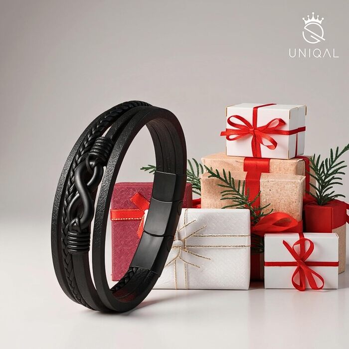 Браслет шкіряний UNIQAL 'ETERNAL' Нескінченність, магнітний замок, чорний, 19 см - подарункова коробка