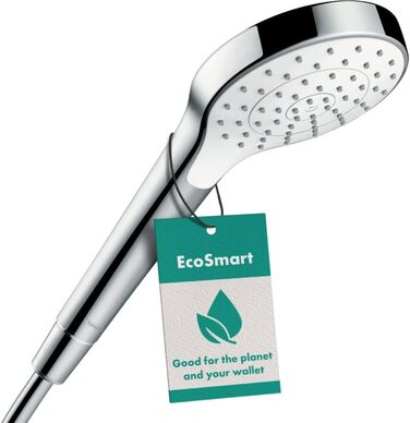 hansgrohe Croma Select S - Showerhead, Hand Shower with 3 Spray Patterns, Round Shower Head (110 mm), Shower Head with Anti-Limescale Function, White/Chrome, 26802400 (1 water-saving spray pattern 7l/min)