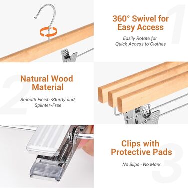 Дерев'яні вішалки для штанів та одягу HOUSE DAY з кліпсами, 25 шт. Вішалки для спідниць, дерев'яні білі вішалки для одягу, компактні вішалки для штанів з обертовим гачком 360°, ширина 35,5 см (натуральне дерево)