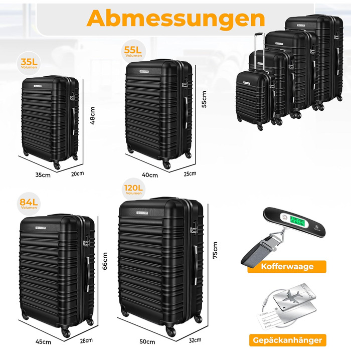 Набір валіз KESSER® 4 шт. з жорстким корпусом (S, M, L, XL) з ABS-пластику, телескопічною ручкою, вбудованою вагами та білгетом, коліщата 4 шт., замок, чорний