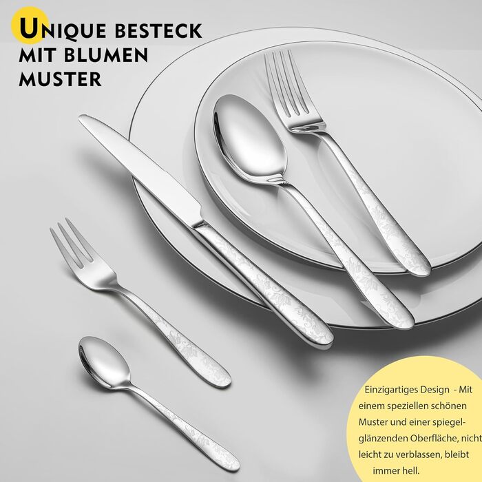 Набір столових приборів EIUBUIE з нержавіючої сталі 30 предметів, з квітковим малюнком, полірований, для 6 осіб, для дому та вечірок, можна мити в посудомийній машині