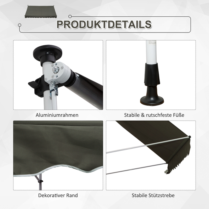 Outsunny Standmarkise Standmarkise, 300 x 150 см, маркіза з ручним приводом, автономна маркіза, стійка до вітру, алюміній, сірий