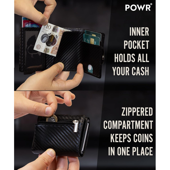 Чоловічий металевий картхолдер POWR Wallet з відділенням для монет. Мінімалістичний картхолдер для чоловіків (чорний карбон)